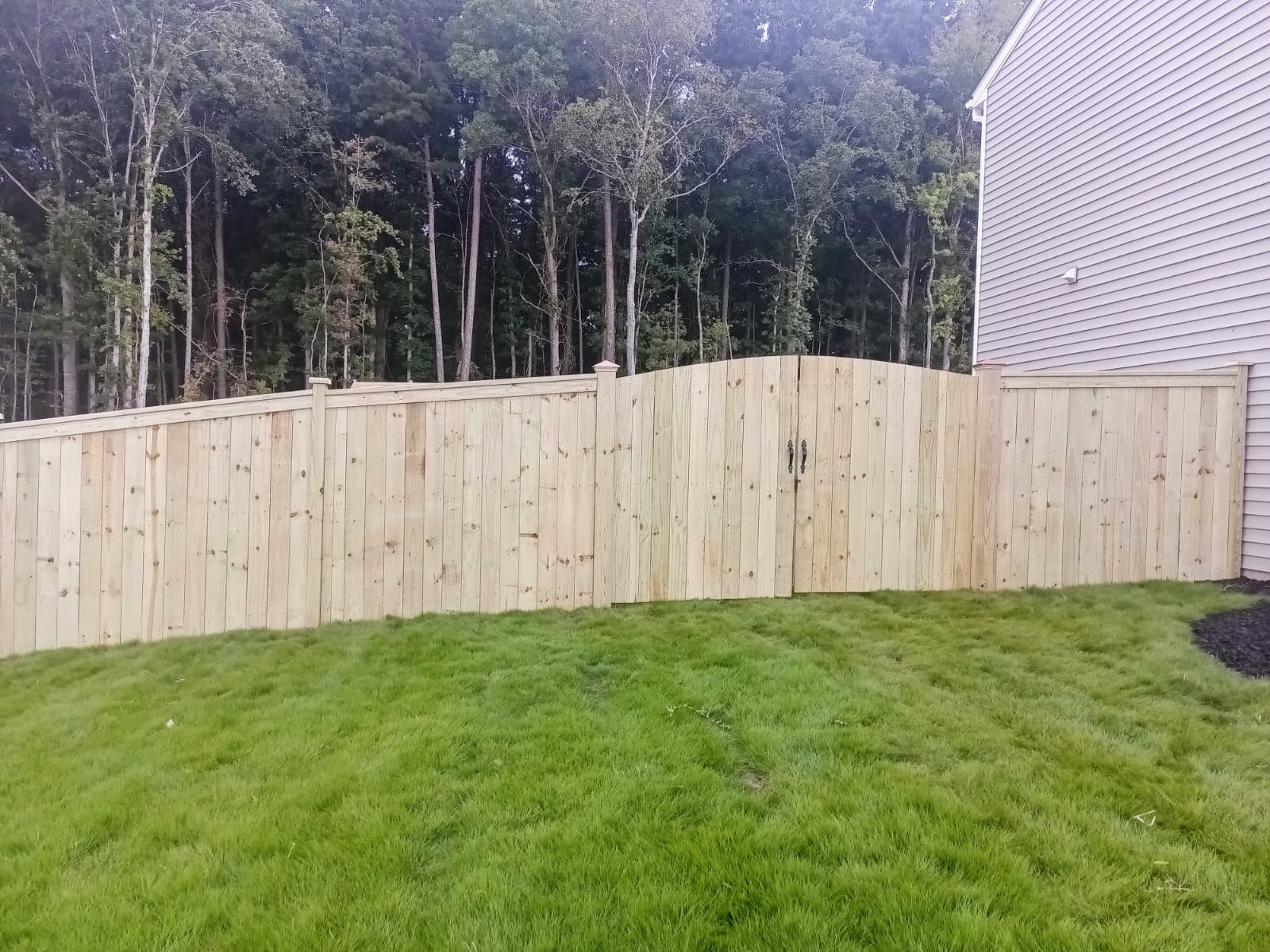 Wood privacy fence installation in a wooded yard